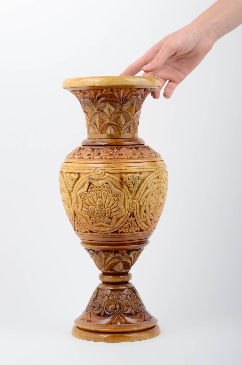 Vase bois verni fait main Déco maison sculptée Cadeau original ornementé photo 5