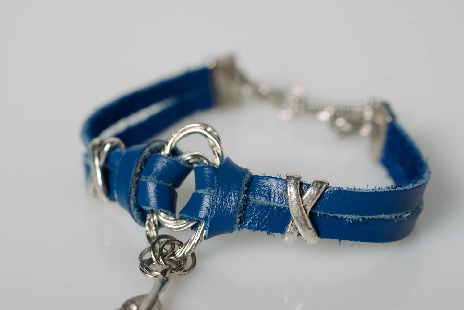 Unusual handmade genuine leather slave bracelet of blue color with metal charm photo 4