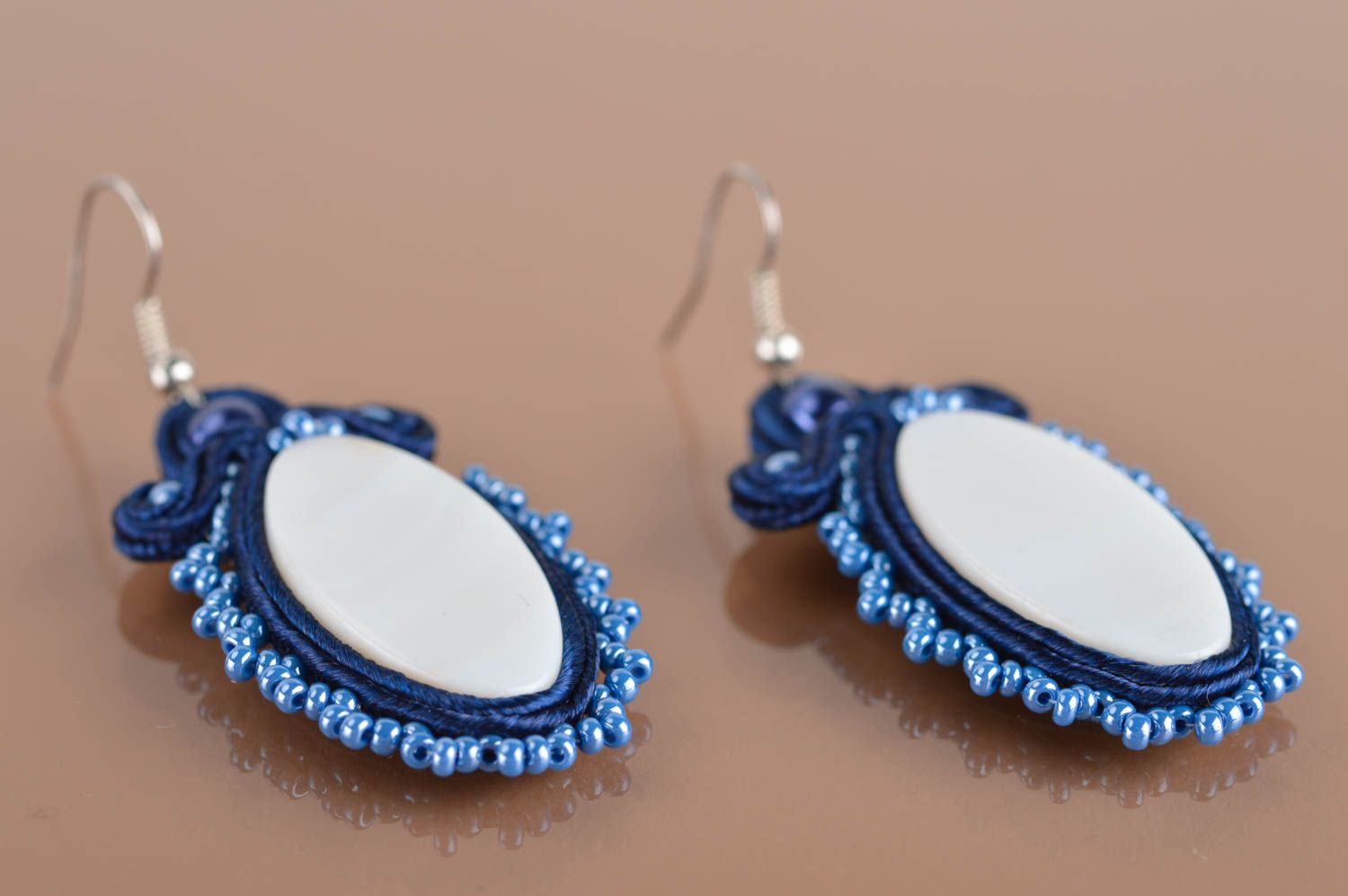 Beautiful handmade evening massive soutache earrings with beads blue photo 2