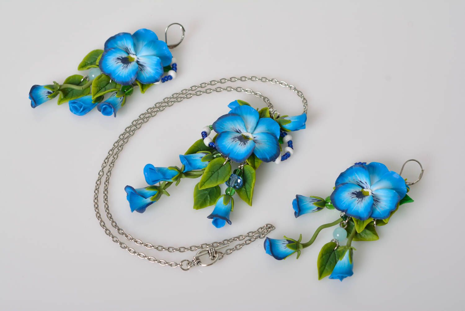 Beautiful polymer clay flower jewelry set designer pendant and earrings photo 1