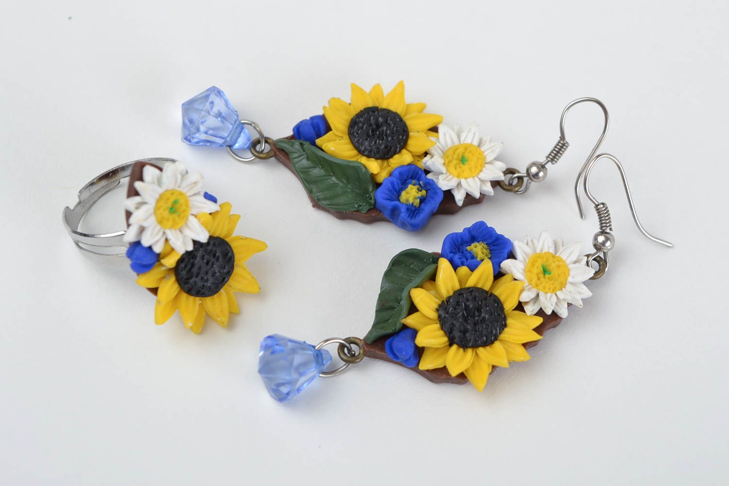 Handmade floral polymer clay jewelry set colorful earrings and ring Field Spirit photo 3