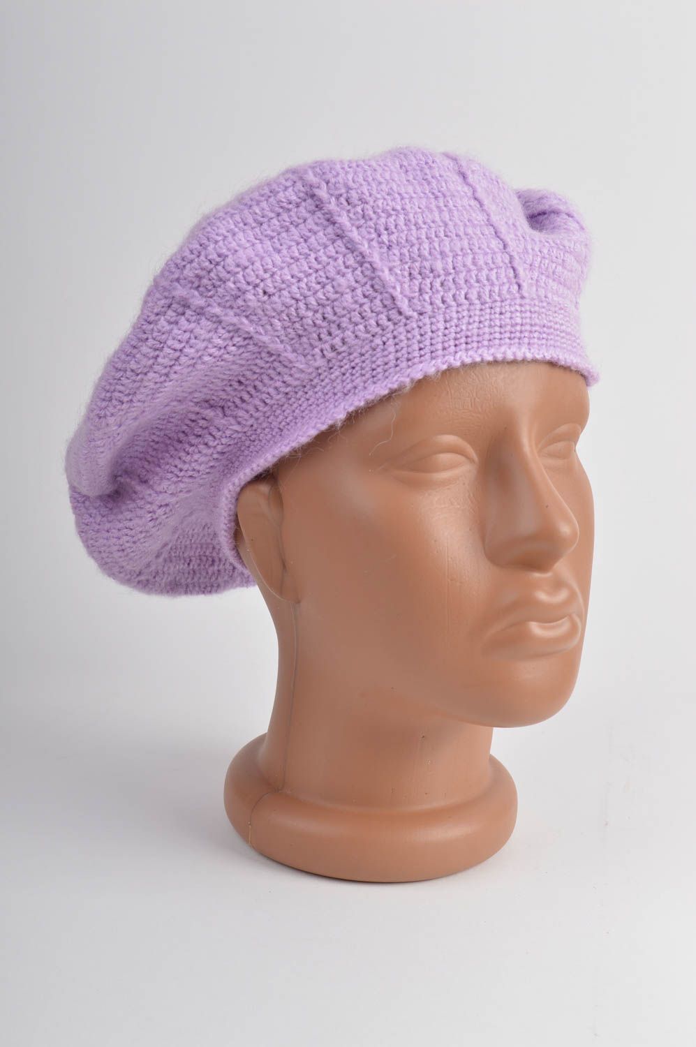 Crocheted handmade beret stylish lilac cap for girls unusual winter cap photo 2