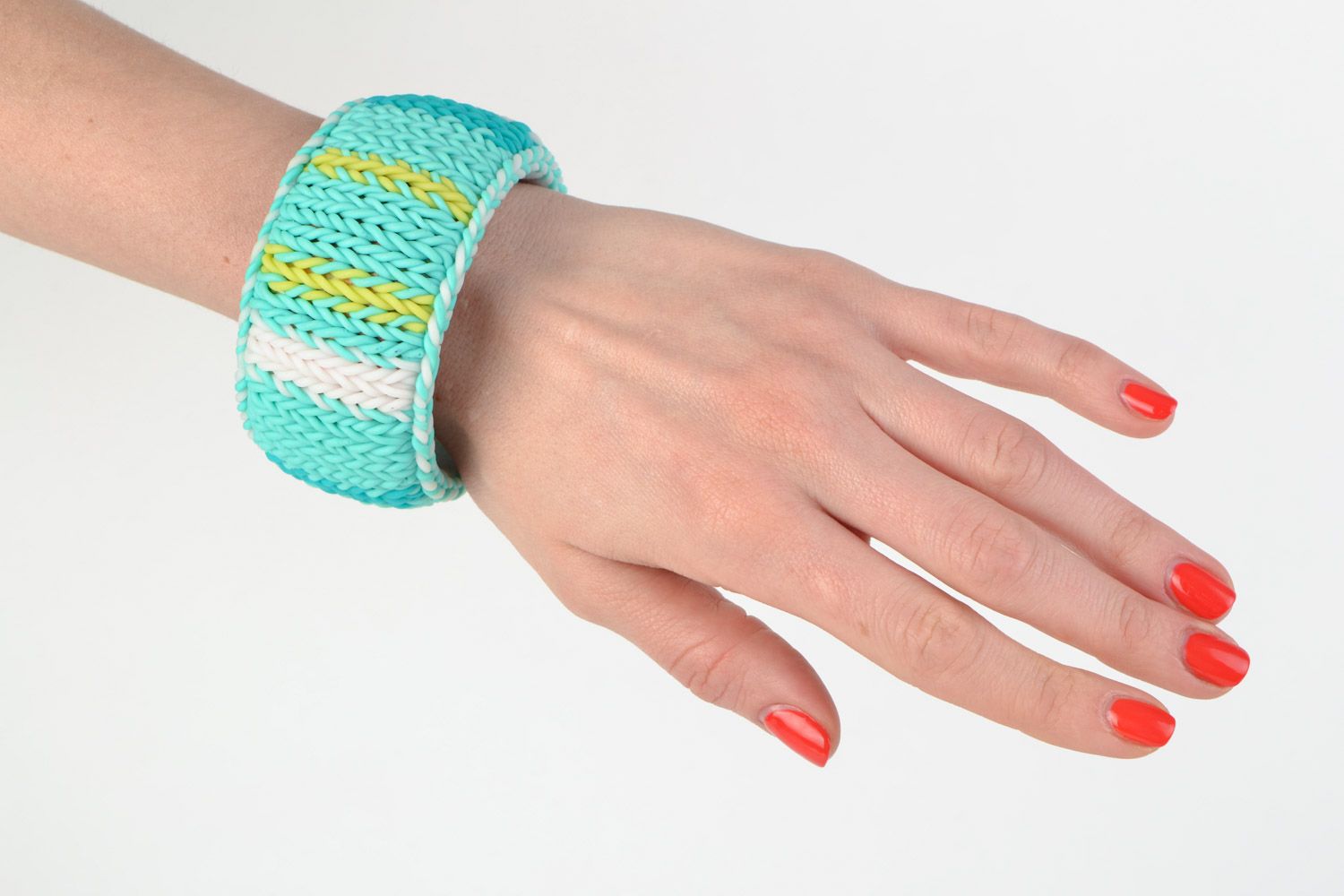 Bangle wide wrist bracelet on the wooden basis with knitted cover in blue and turquoise color photo 4