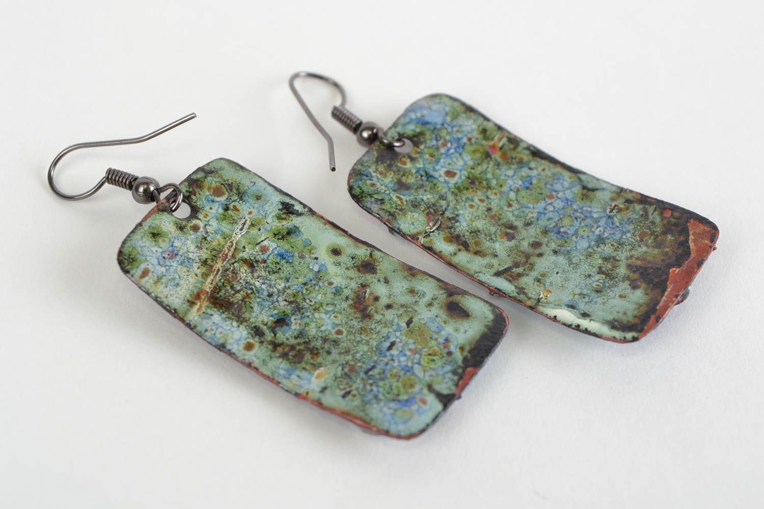 Handmade rectangular dangling copper earrings with enamel painting Blue flowers  photo 4