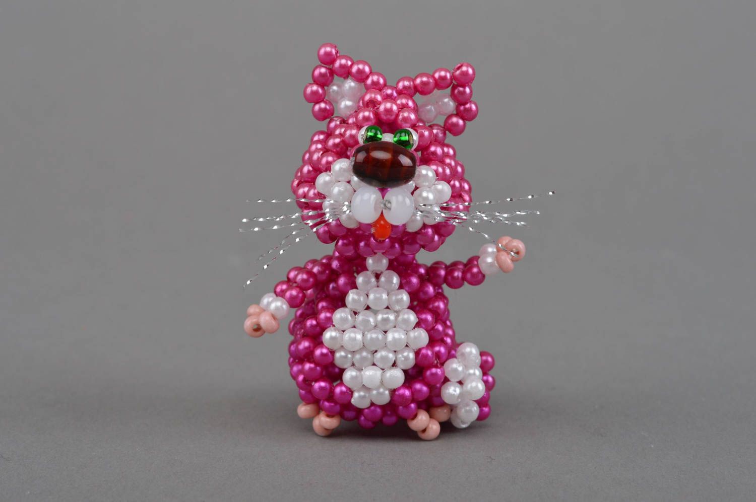 Unusual small handmade designer beaded statuette of cat of crimson color photo 4