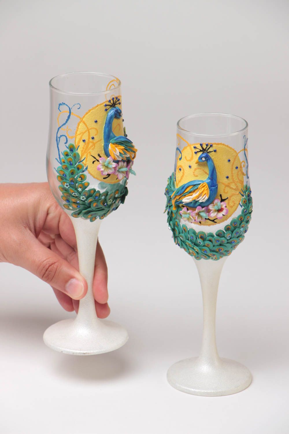 Handmade 2 decorative painted wedding champagne glasses with molded elements photo 5