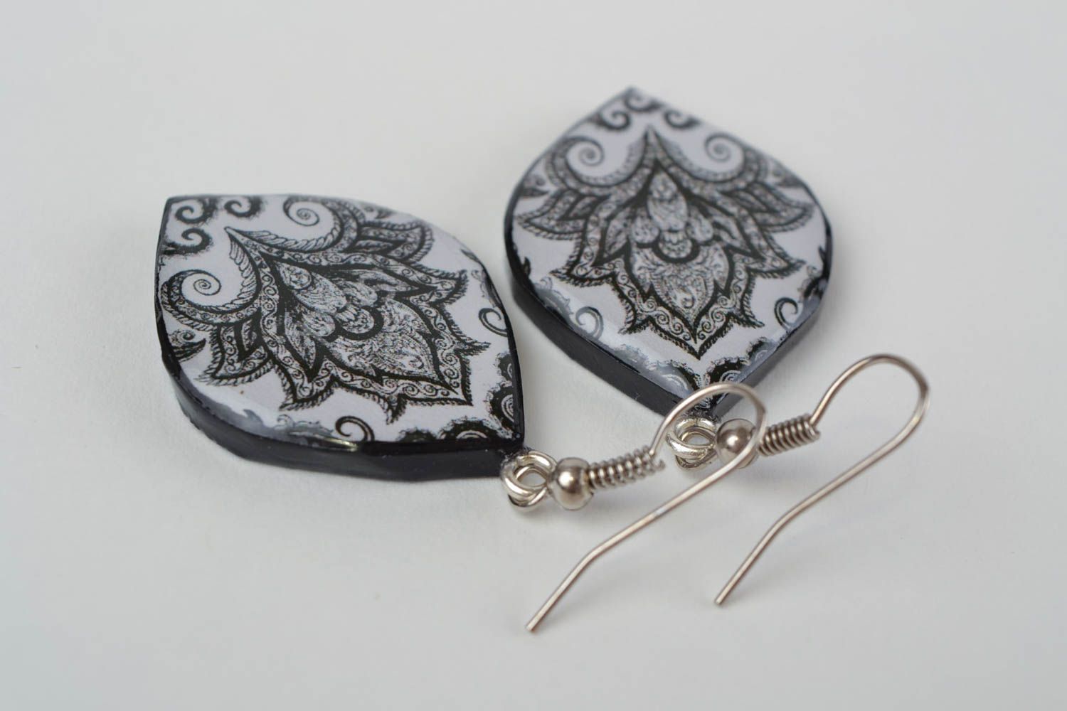 Black and white handmade designer polymer clay earrings with decoupage photo 4