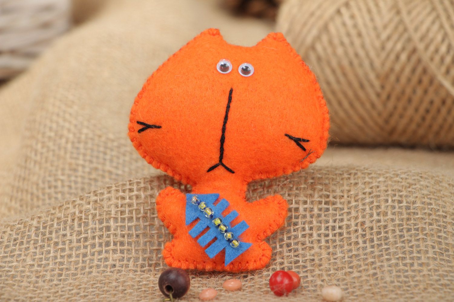 Funny small flat soft toy orange kitten sewn of felt for interior decor handmade photo 1