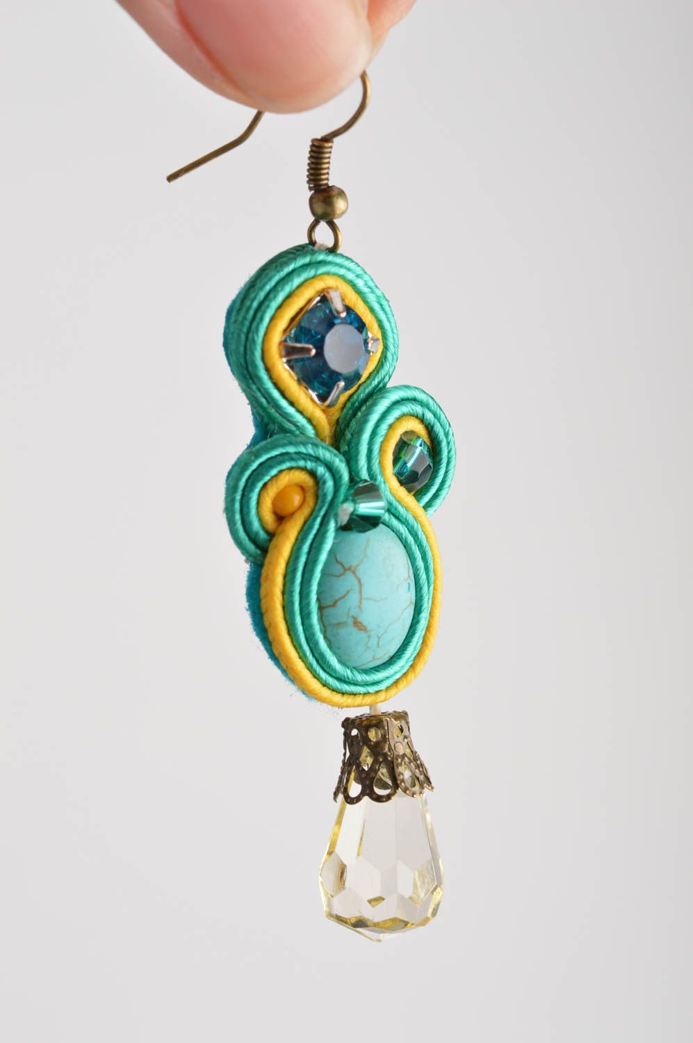 Bright handmade designer soutache earrings with beads for stylish girls photo 3