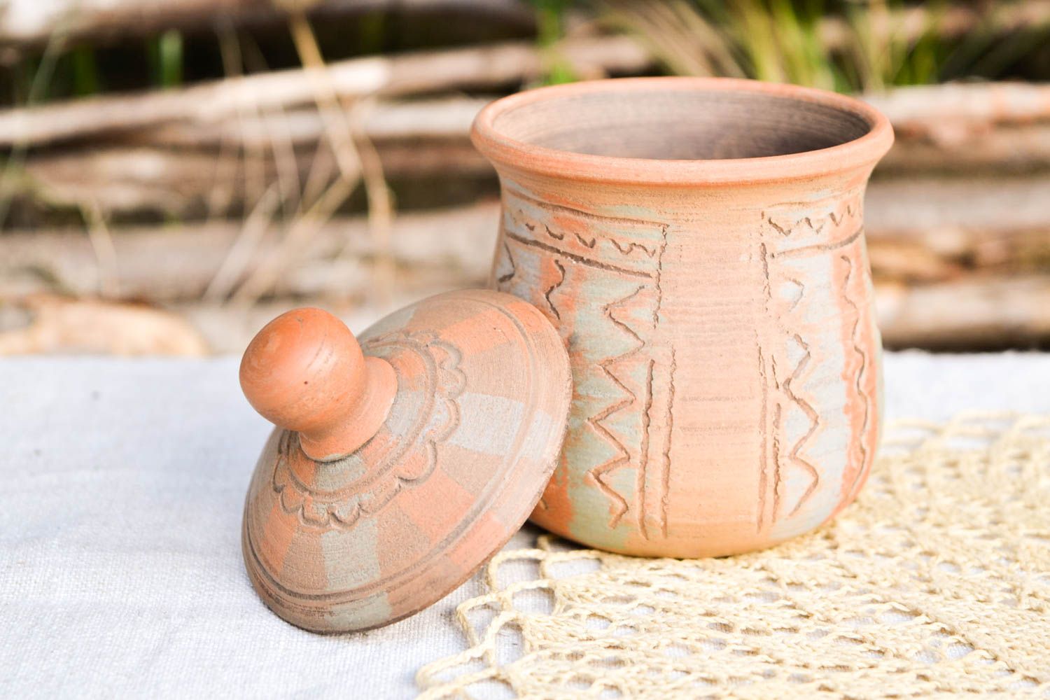 Sucrier céramique fait main Pot à sucre en argile à motifs Vaisselle originale photo 1