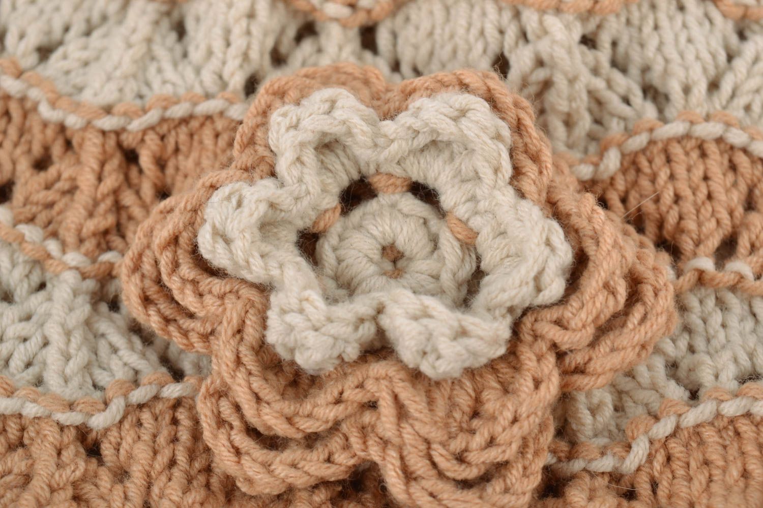 Handmade baby girl hat crocheted of light beige cotton threads size 340 mm photo 3