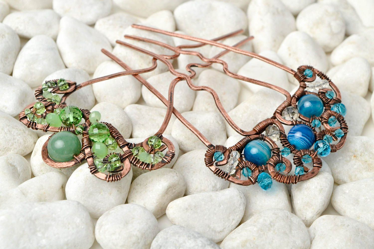 Handmade 2 Haarspangen mit Perlen blau grün Kupfer Schmuck Accessoires für Haare foto 1