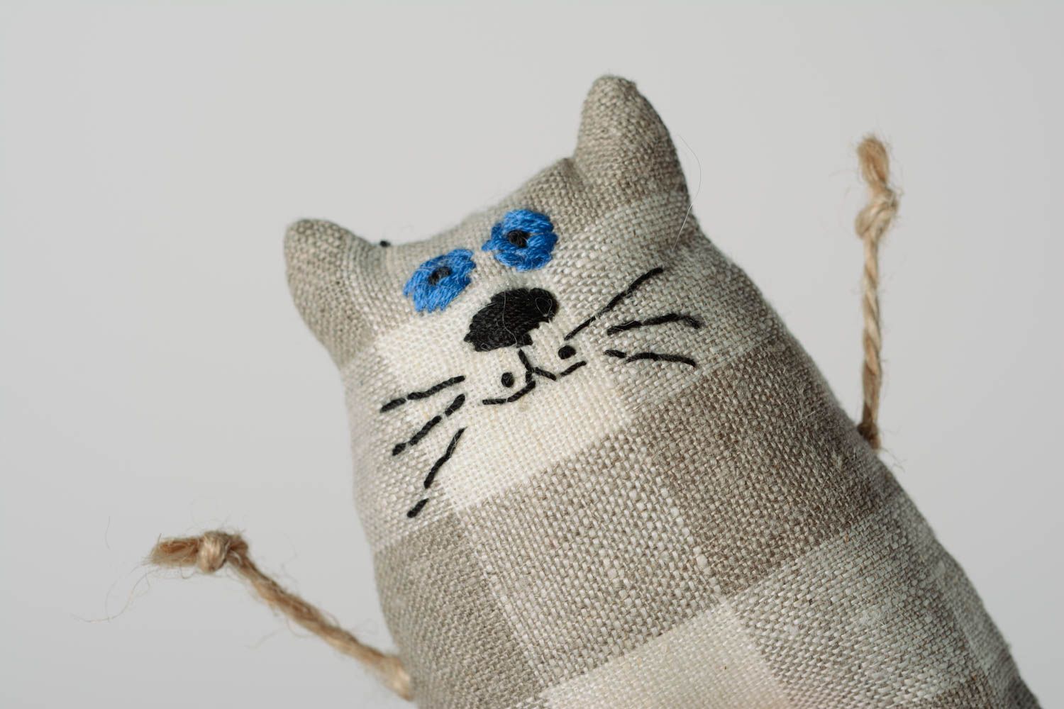 Handmade small soft toy sewn of gray checkered linen fabric cat wall hanging  photo 2