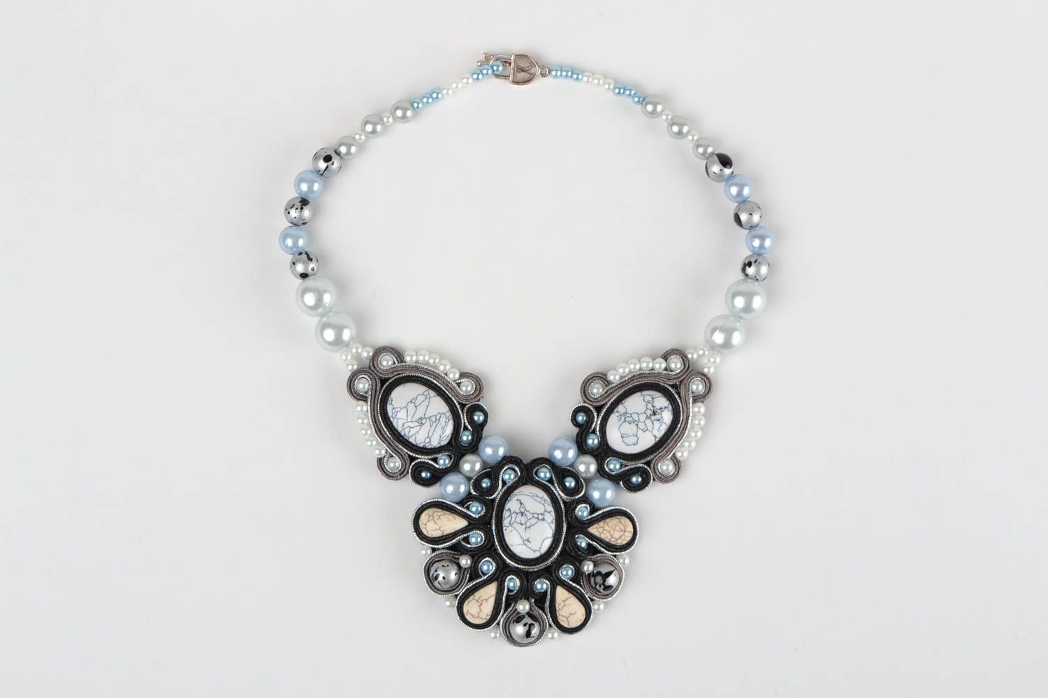 Soutache decorative necklace with plastic pearl beads handmade accessory Snow photo 3