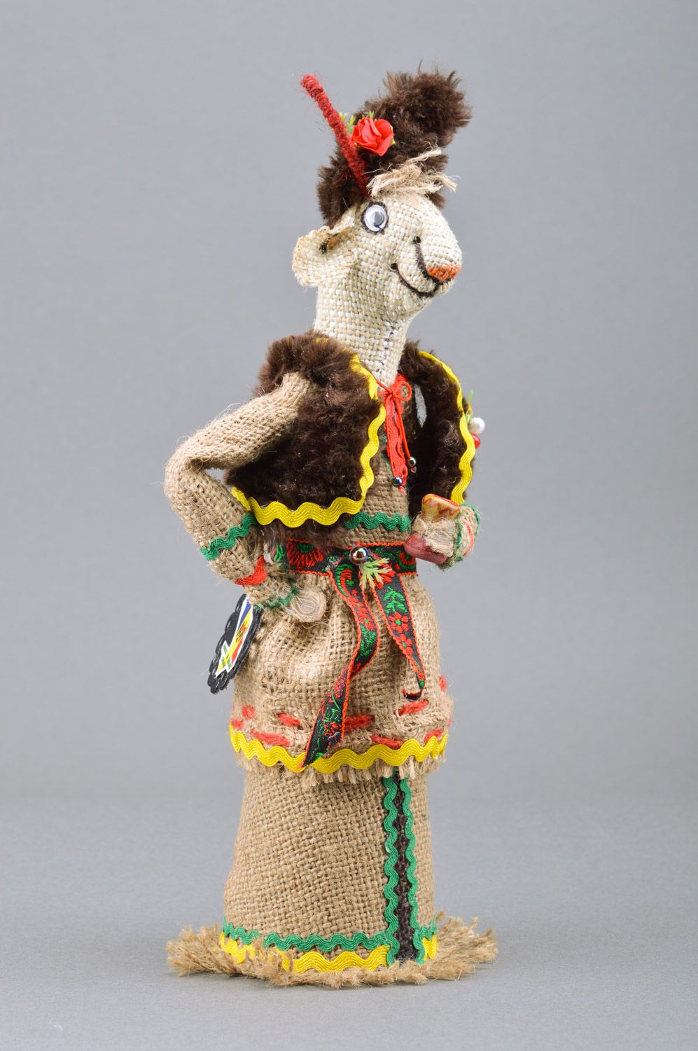 Handmade decorative bottle cozy in the shape of goat sewn of burlap and fur  photo 4