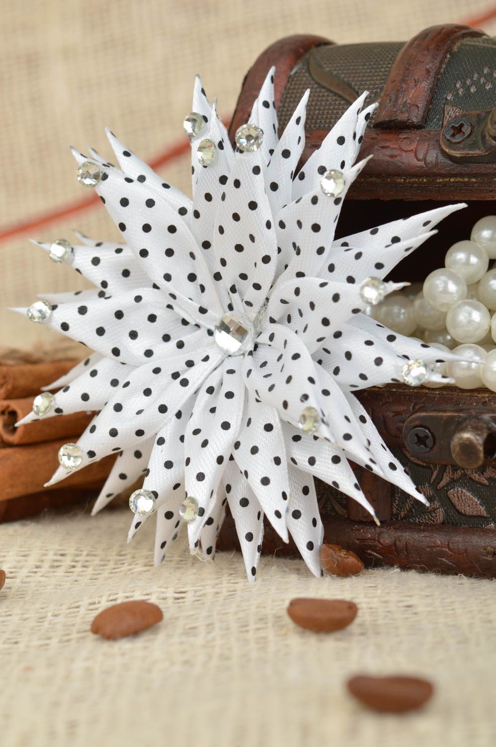 Handmade designer hair clip with black and white polka dot satin flower kanzashi photo 1