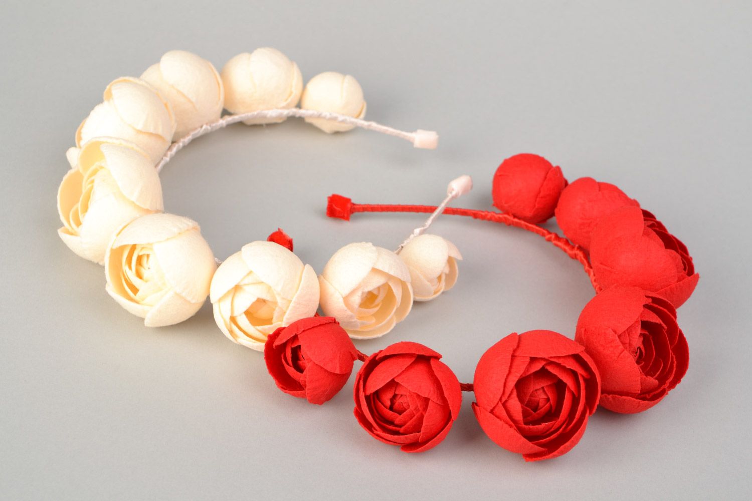 Set of handmade felt flower headbands with red and white roses 2 pieces photo 3
