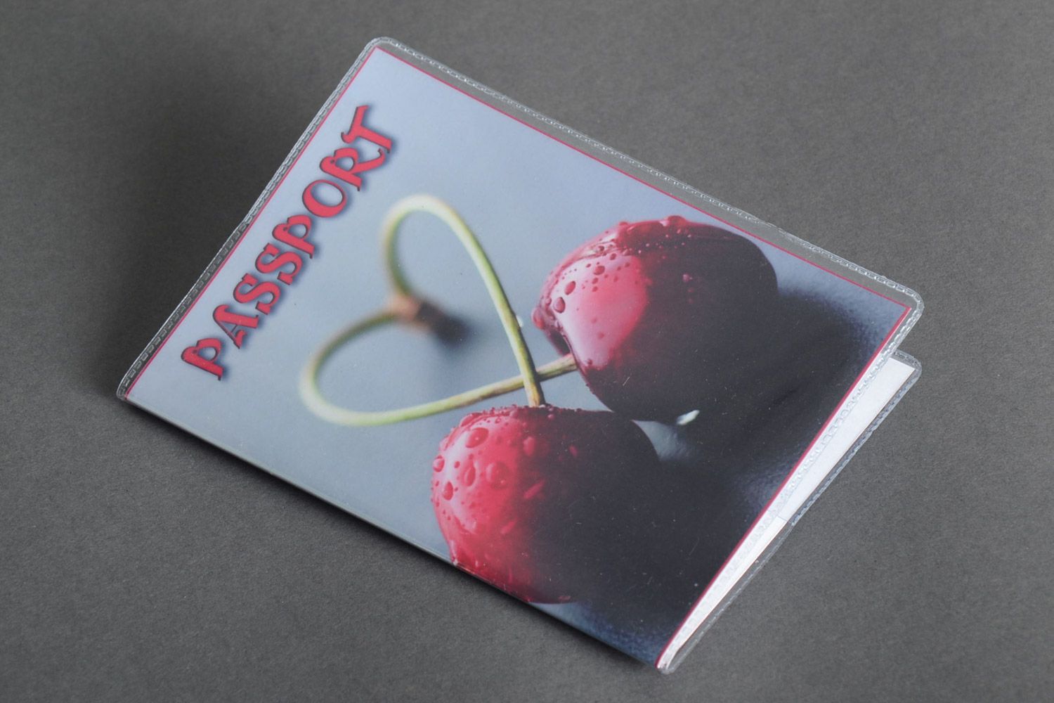 Handmade designer gray plastic passport cover with cherries created using printing technique photo 2