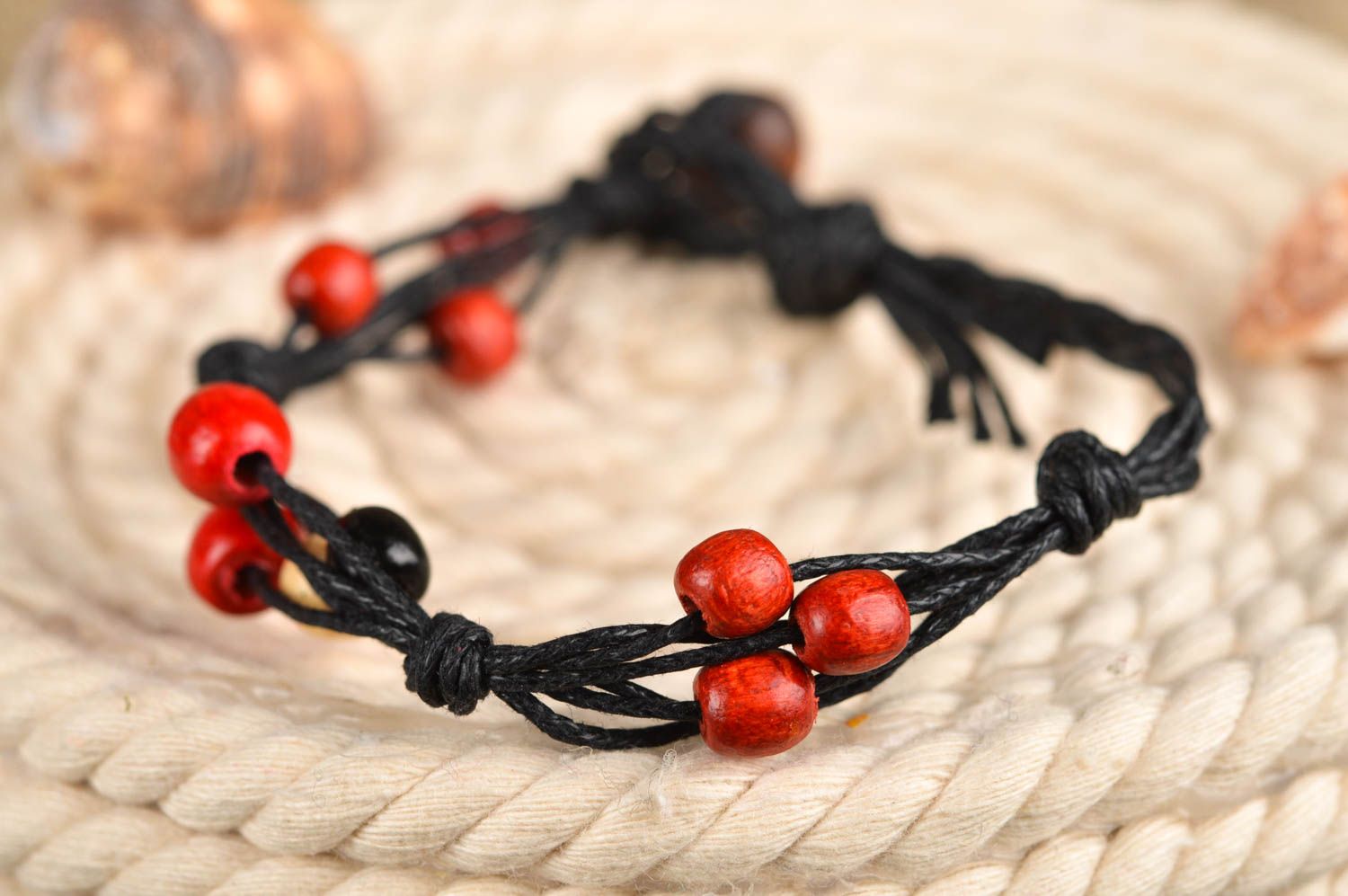 Wax black rope handmade strand red beads bracelet for her photo 1