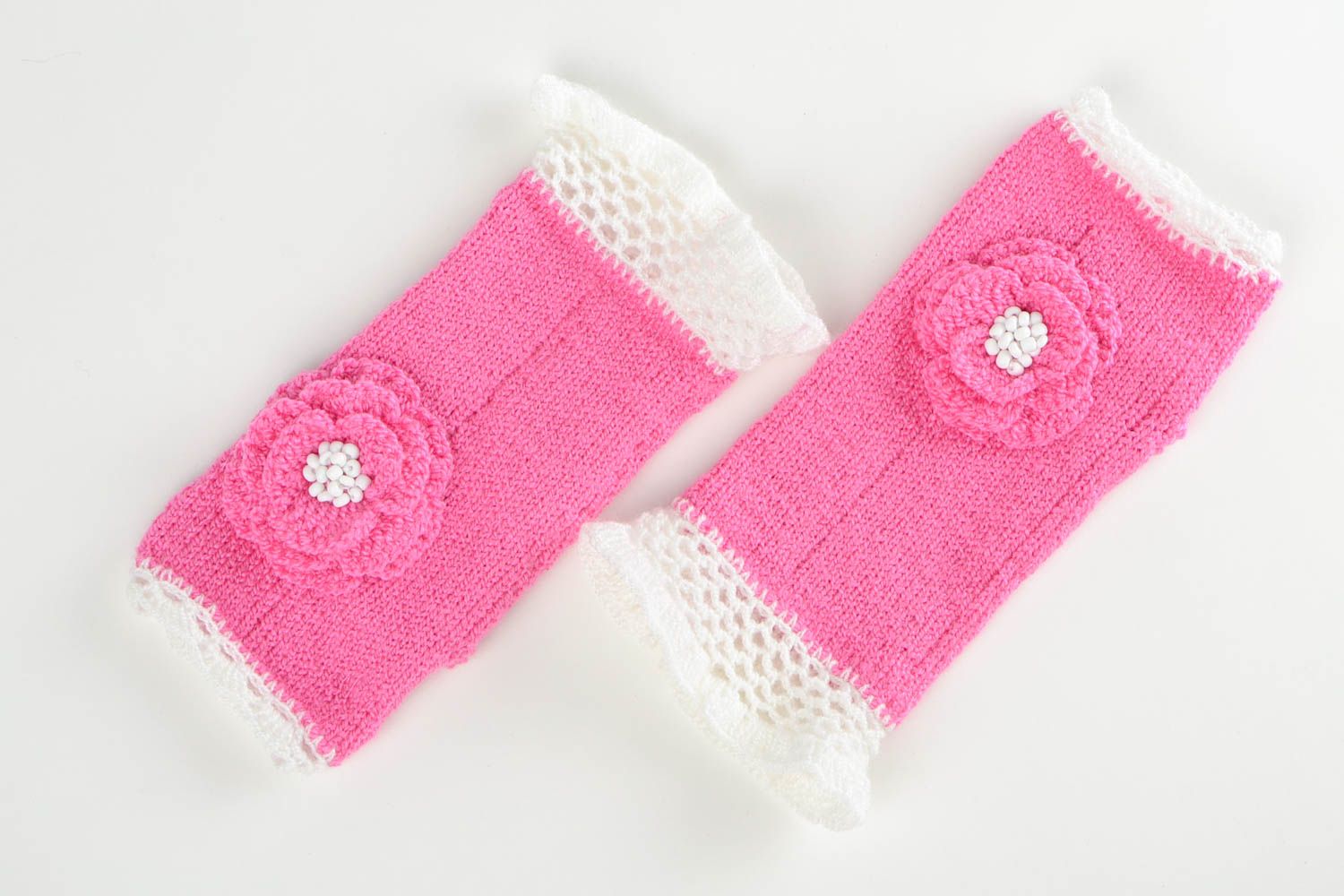 Mitaines tricot faites main Gants mitaines roses crochet Accessoire femme photo 2