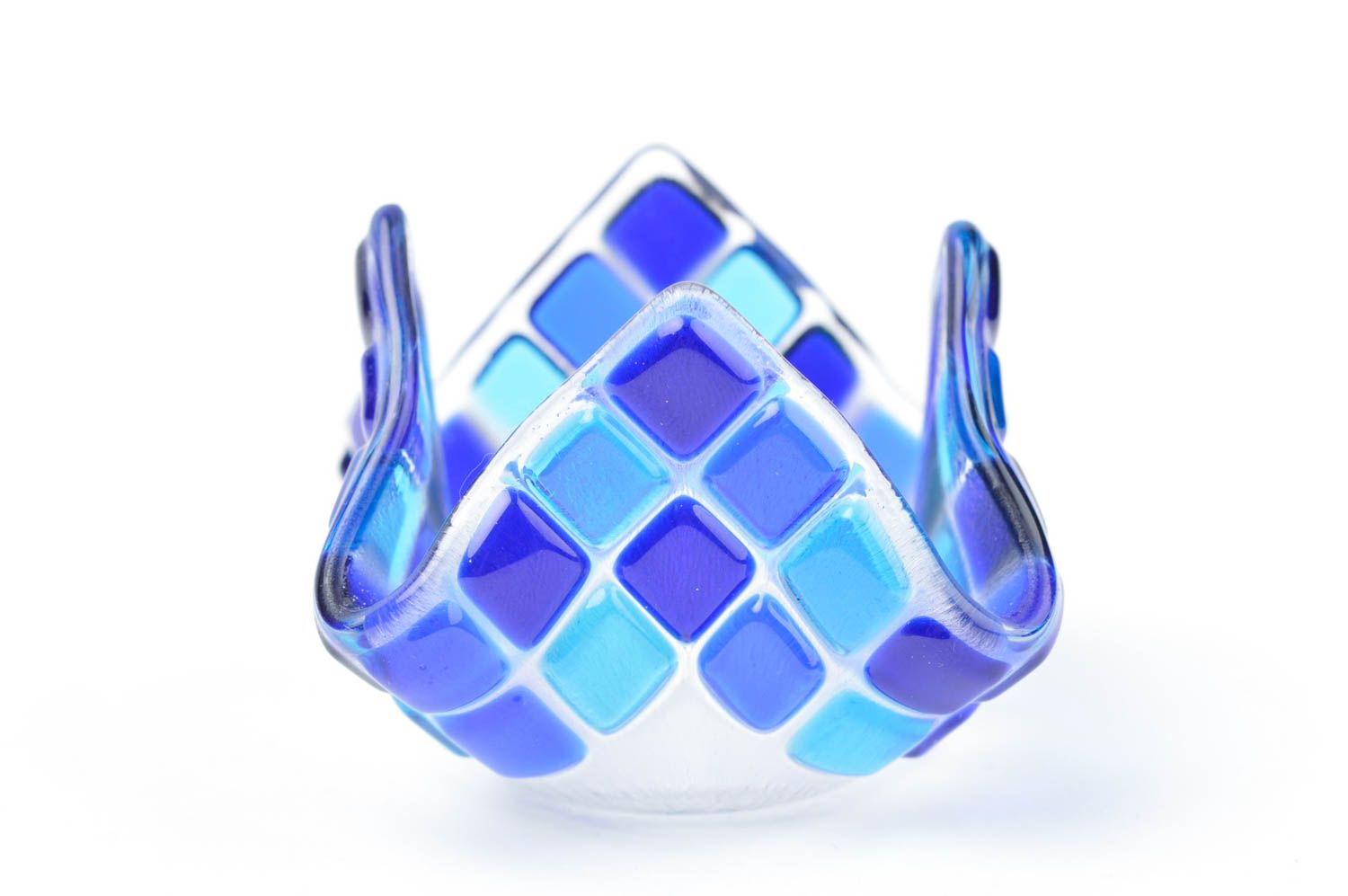 Bougeoir design Support bougie fait main en verre bleu carreaux Cadeau original photo 2