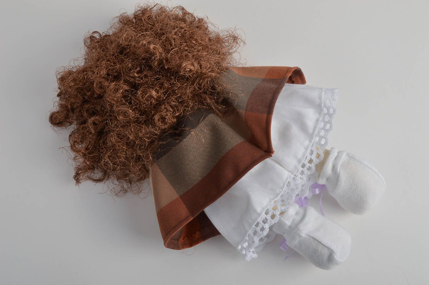Handmade designer interior fabric soft doll little girl in brown and white dress photo 4