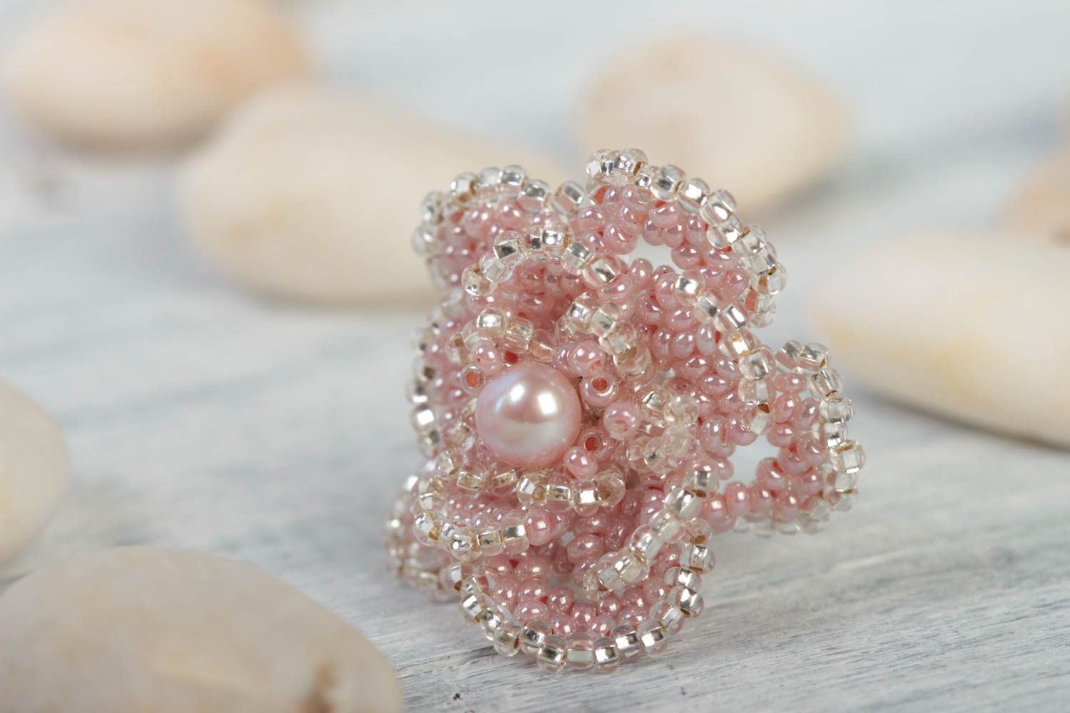 Handmade beaded ring unusual pink accessory for kids cute stylish jewelry photo 1