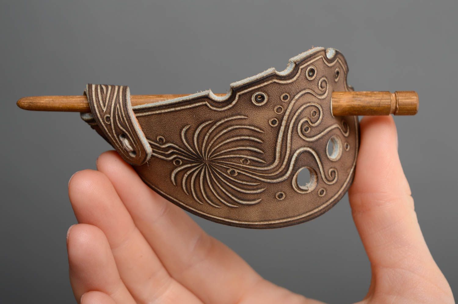 Carved leather hairpin photo 3