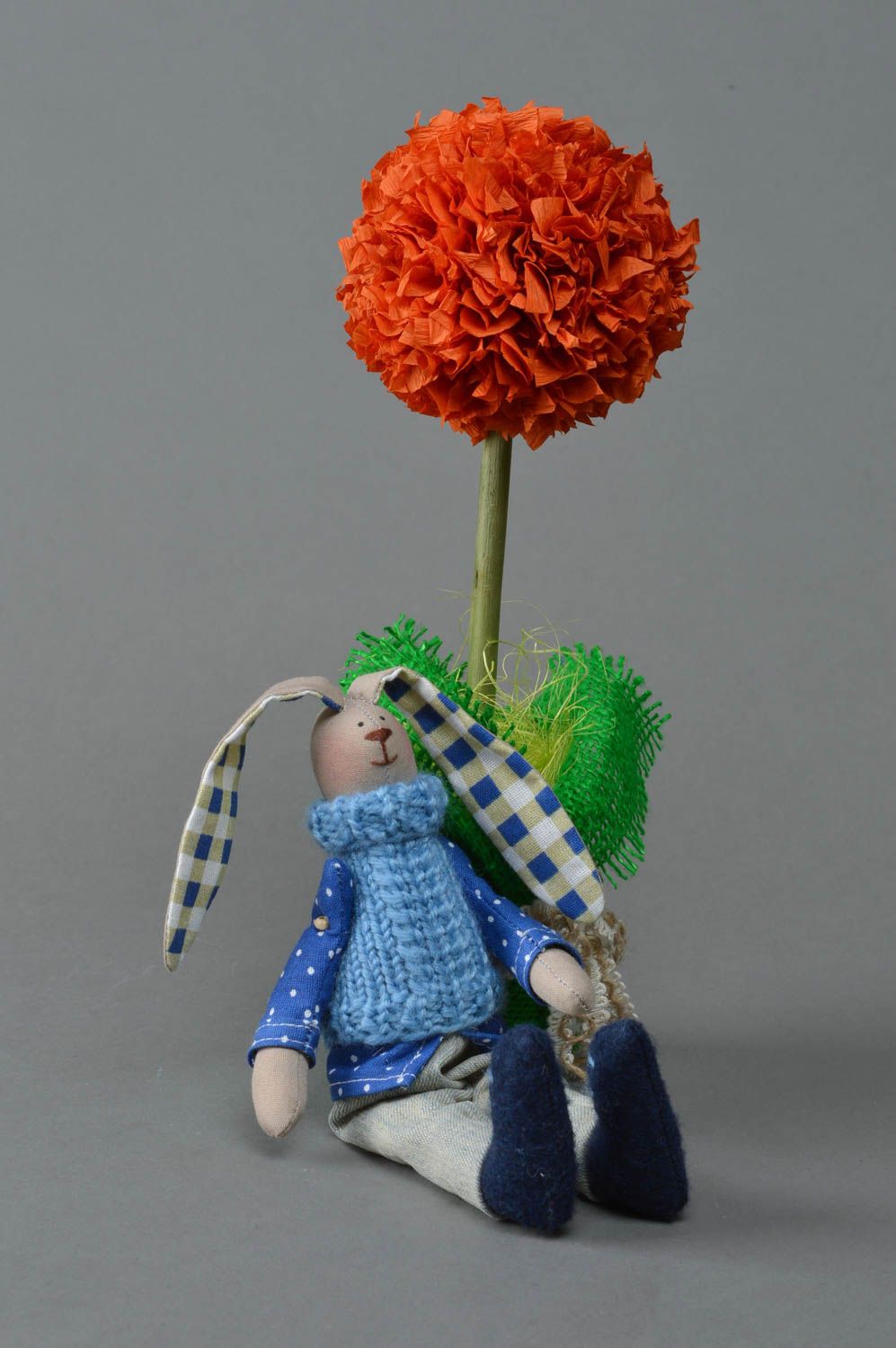 Handmade decorative toy made of cotton and denim fabrics doll hare for children photo 1