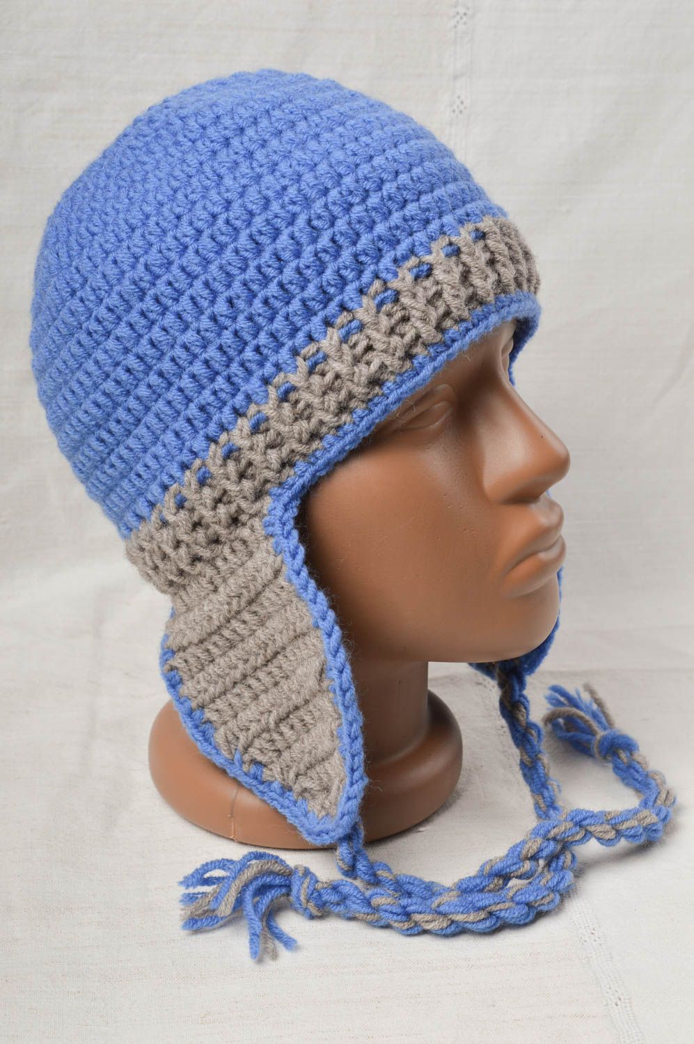 Вязаная шапка ручной работы зимняя шапка синяя теплая шапка из шерсти и акрила фото 2