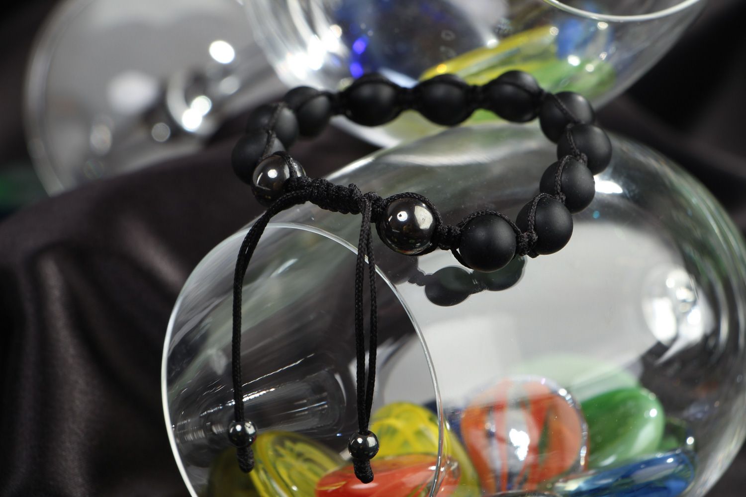 Handmade woven wrist bracelet with black shungite and hematite stone beads  photo 4