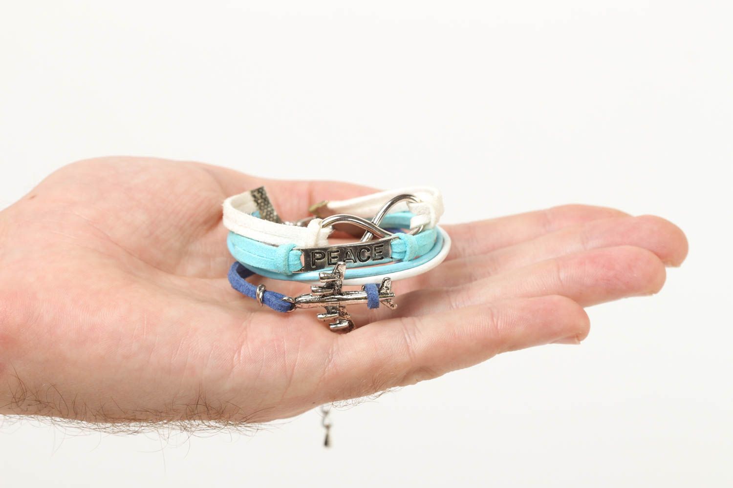 Bracelet large Bijou fait main cuir daim bleu-blanc multirang Cadeau pour femme photo 5