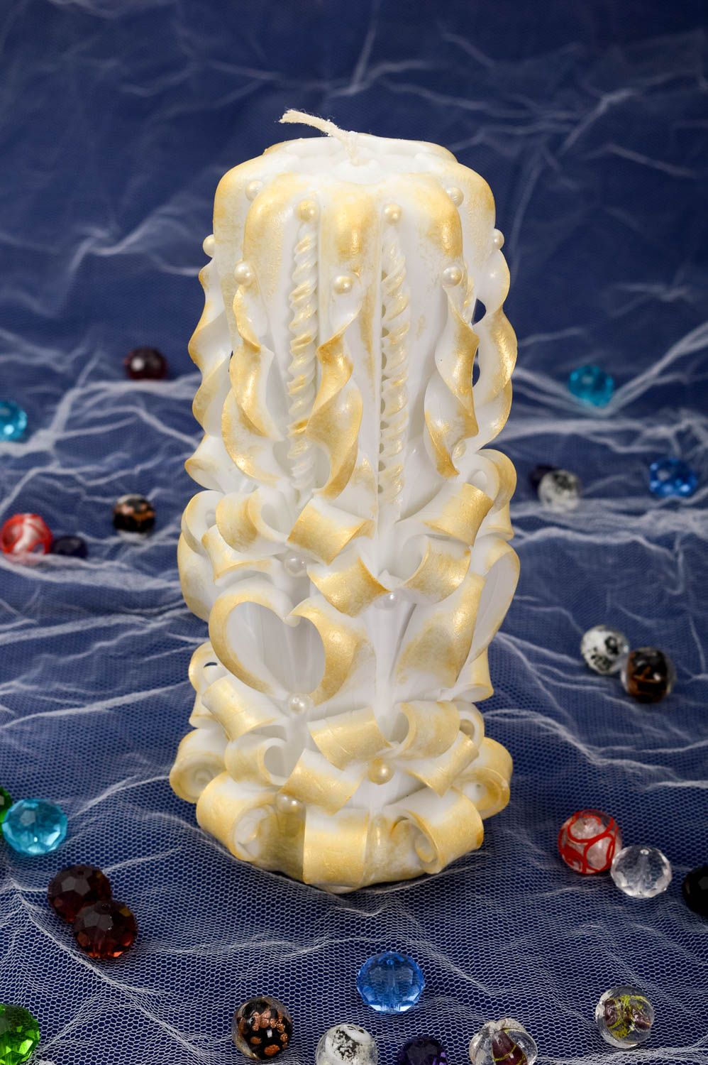 White & gold carved candle for table wedding home decore 8,27 inch, 1,53 lb photo 1