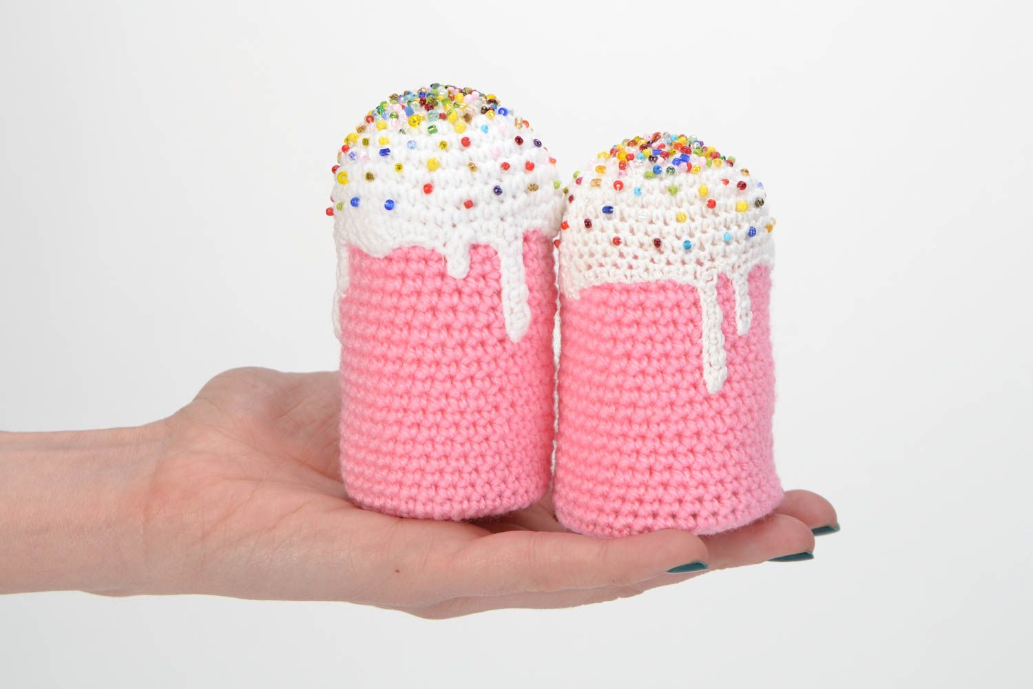 Set of 2 handmade soft crochet toys in the shape of pink and white Easter cakes photo 2