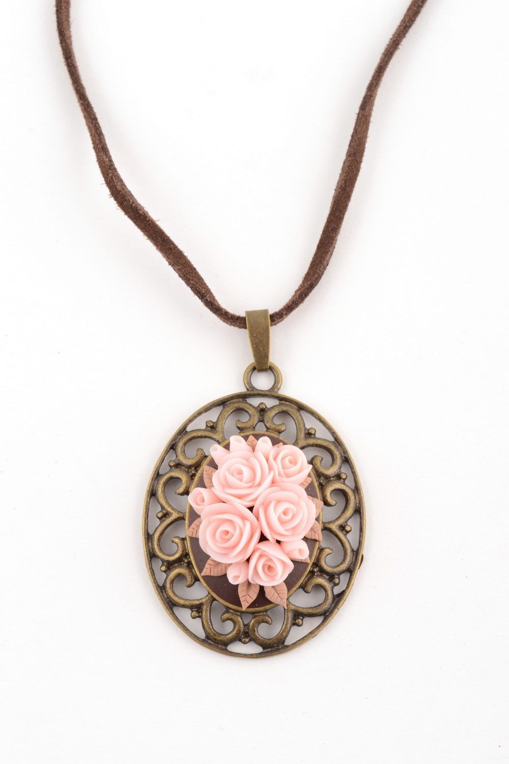 Handmade oval metal pendant on chain with polymer clay pink rose buds  photo 2