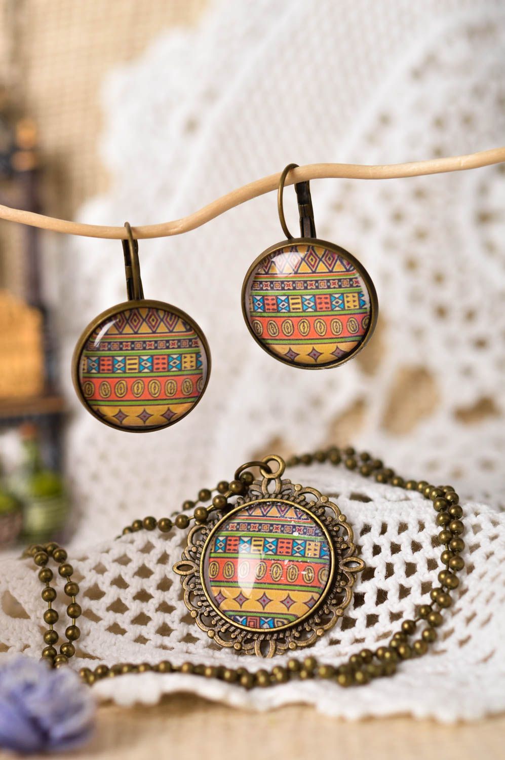 Set of handmade jewelry metal earrings designer pendant present for friend photo 1