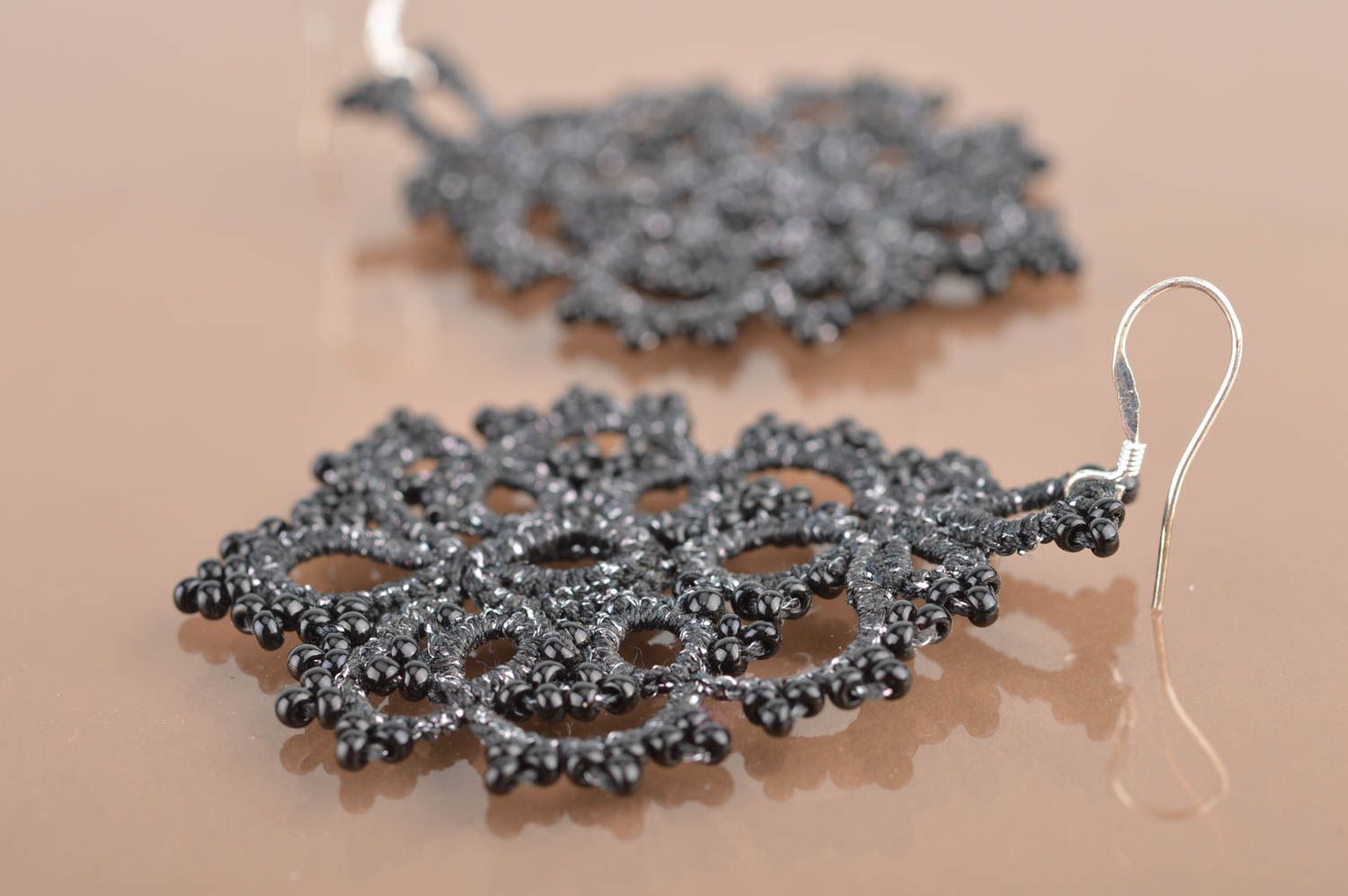 Handmade designer lace drop dangle tatted earrings festive black jewelry  photo 5