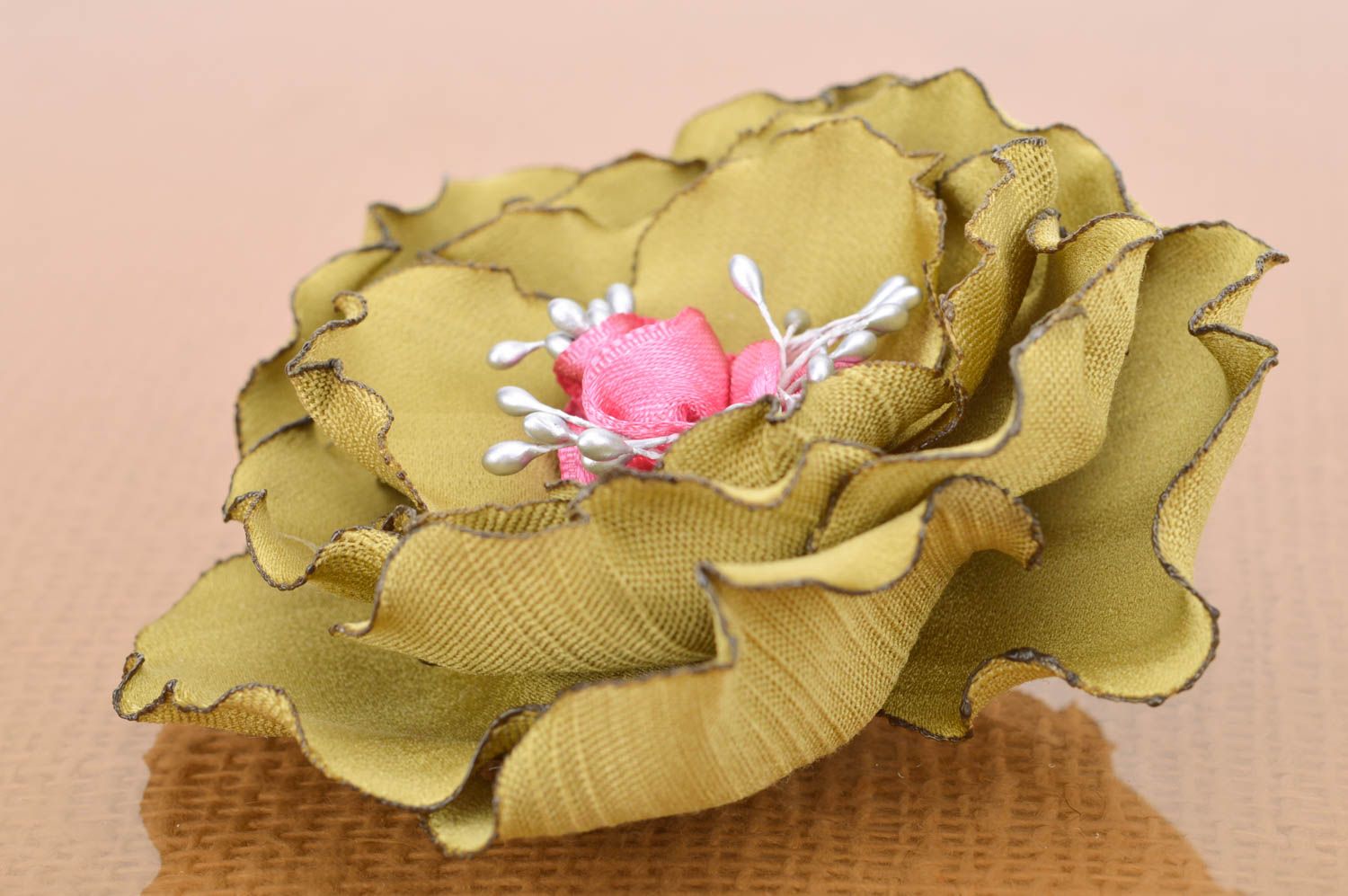 Handmade hair clip brooch with volume green fabric flower with pink core photo 2