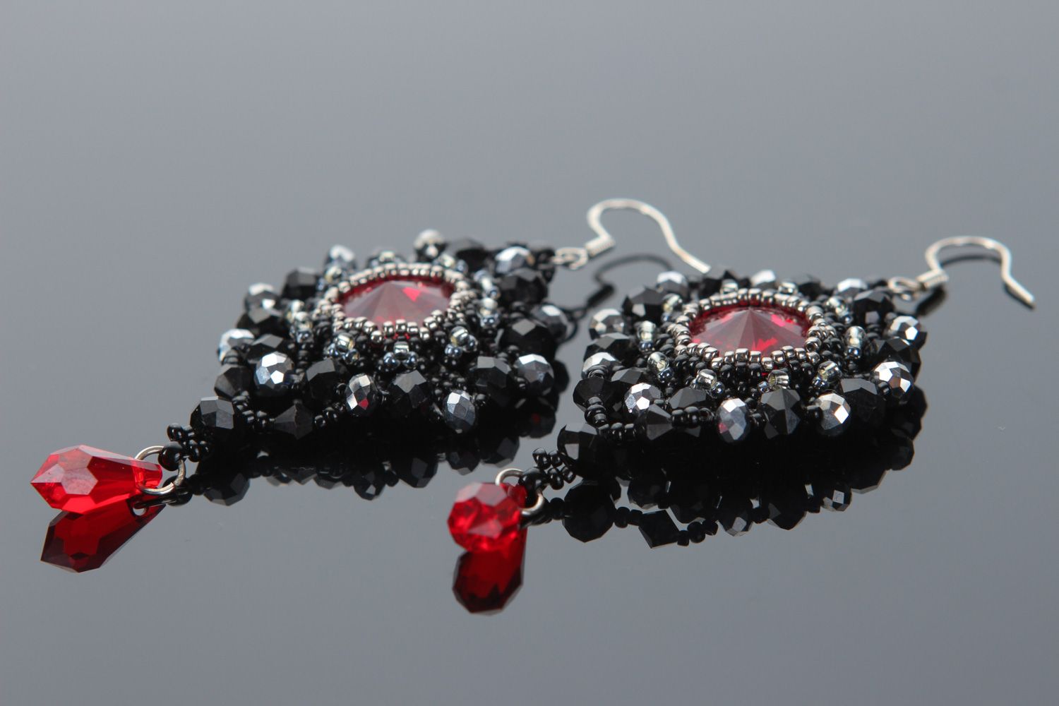 Handmade evening black beaded earrings with red charms for ladies of fashion photo 2