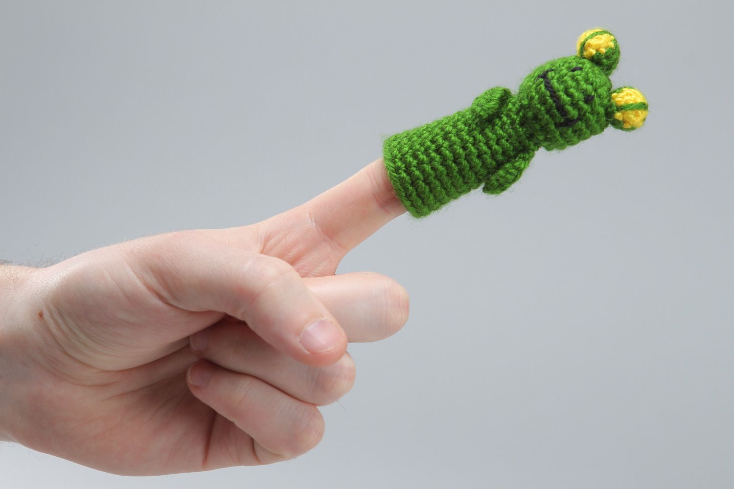 Funny handmade finger puppet crocheted of acrylic threads green frog for children photo 4
