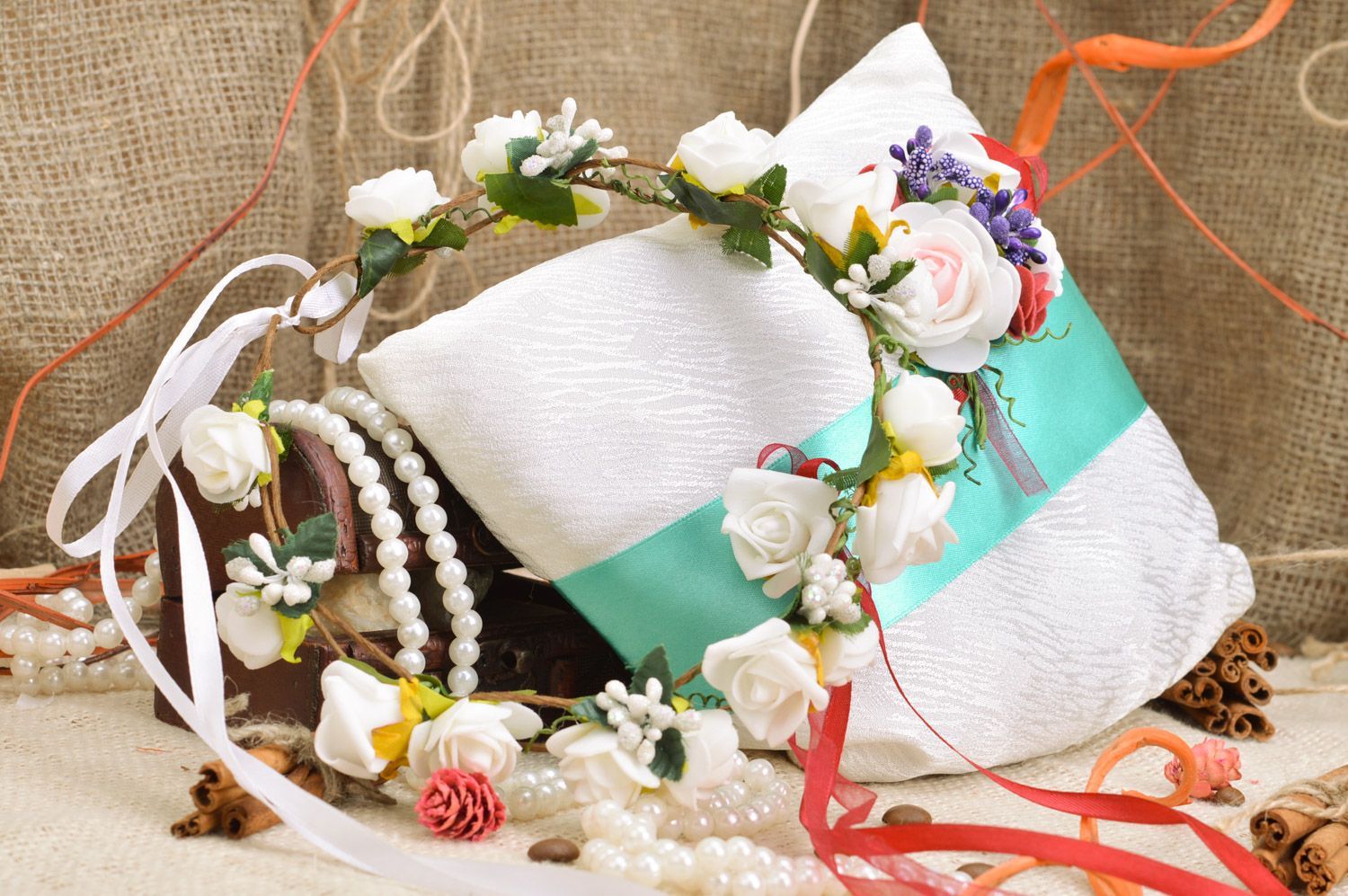 Handmade white and blue wedding accessories set rings pillow and floral headband photo 3