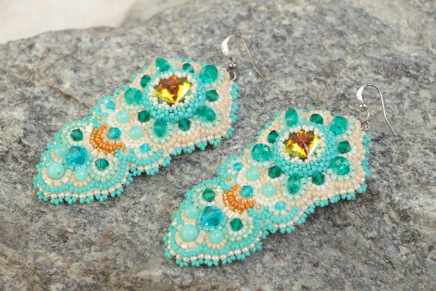 Handmade massive earrings embroidered with beads and crystals Sea Treasure photo 1