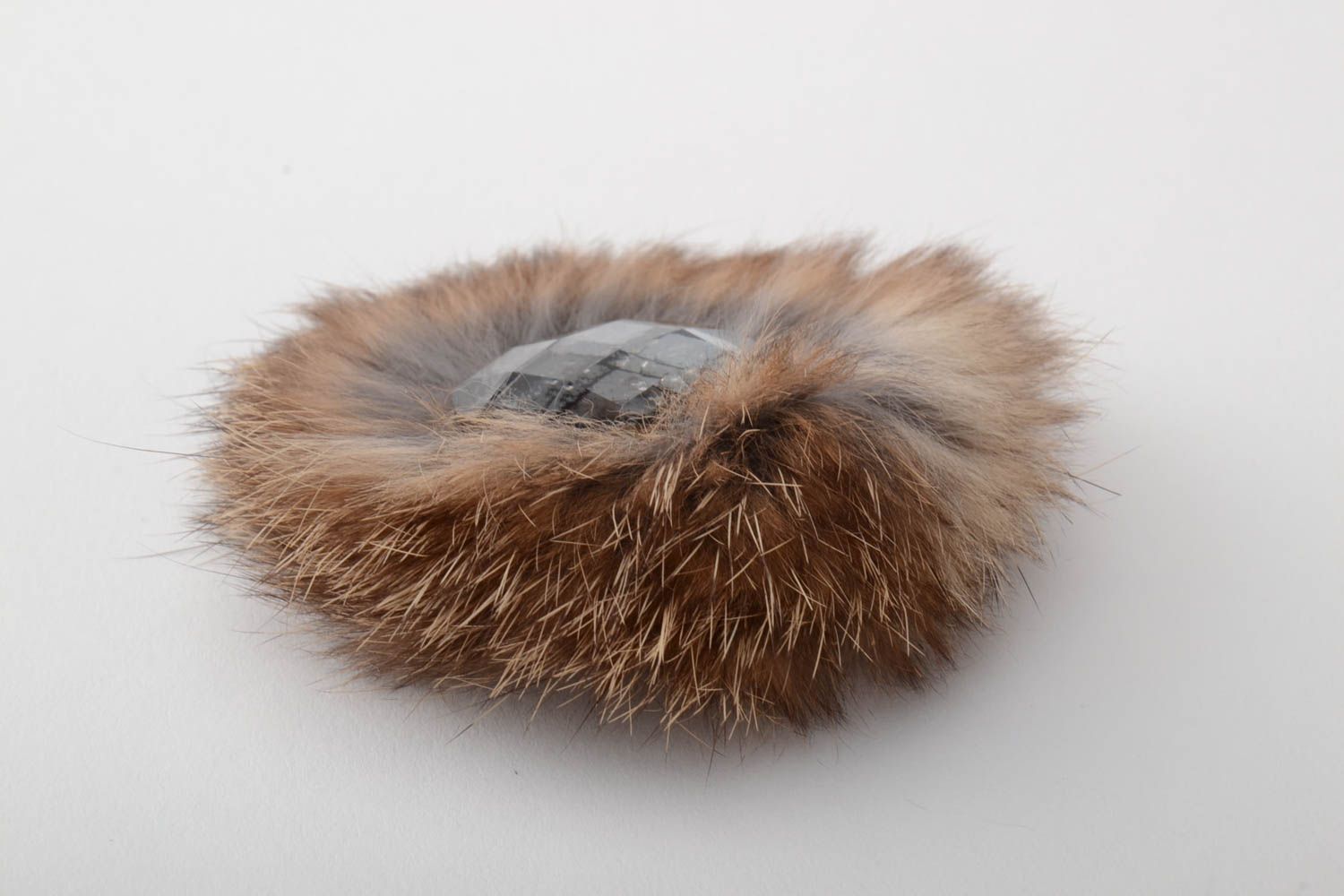 Handmade designer round volume rabbit fur brooch with large rhinestone photo 5