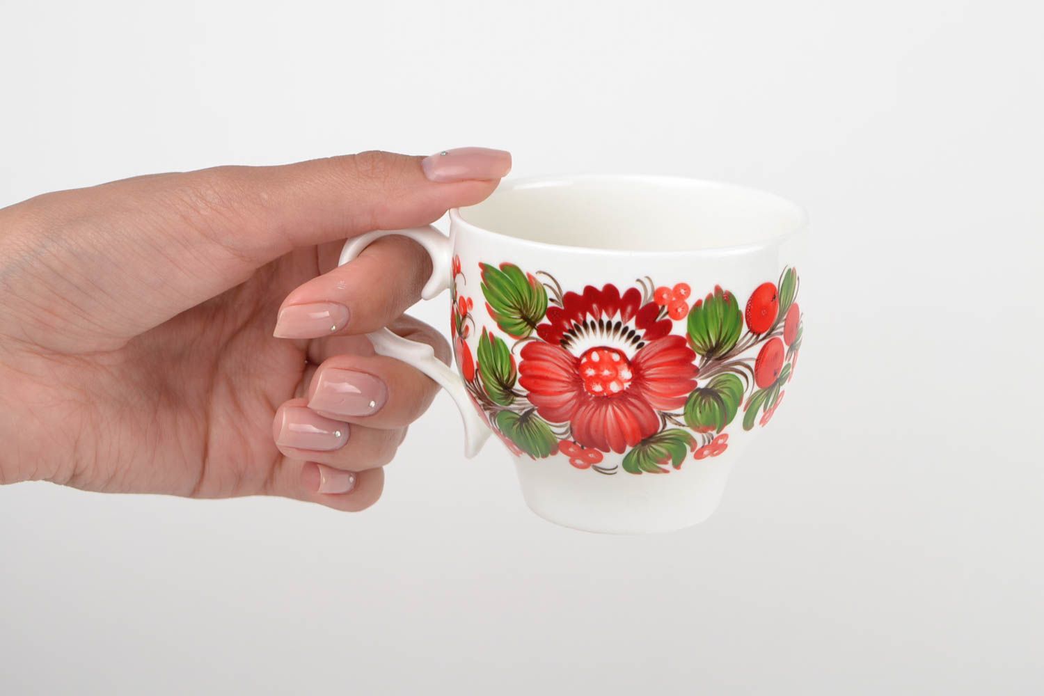Porcelain teacup with handle and floral Russian bright style print photo 2