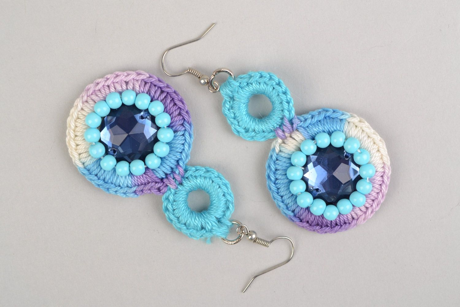 Handmade earrings woven of cotton threads with cabochon in blue color shades photo 2