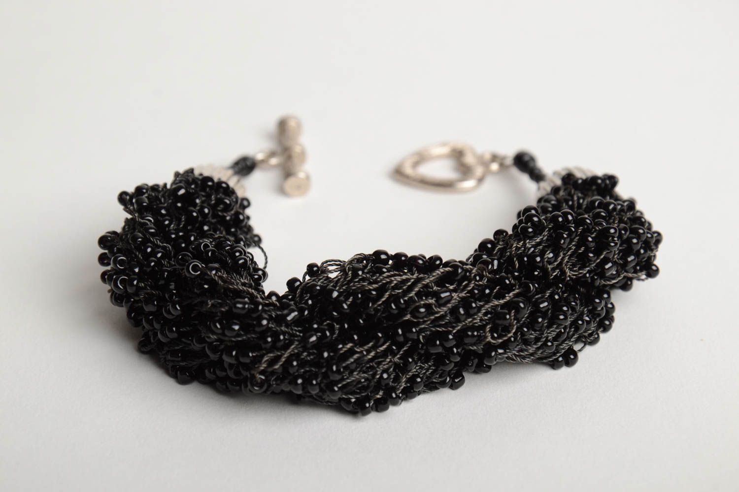 Handmade festive evening bead woven women's wrist bracelet of black color photo 4