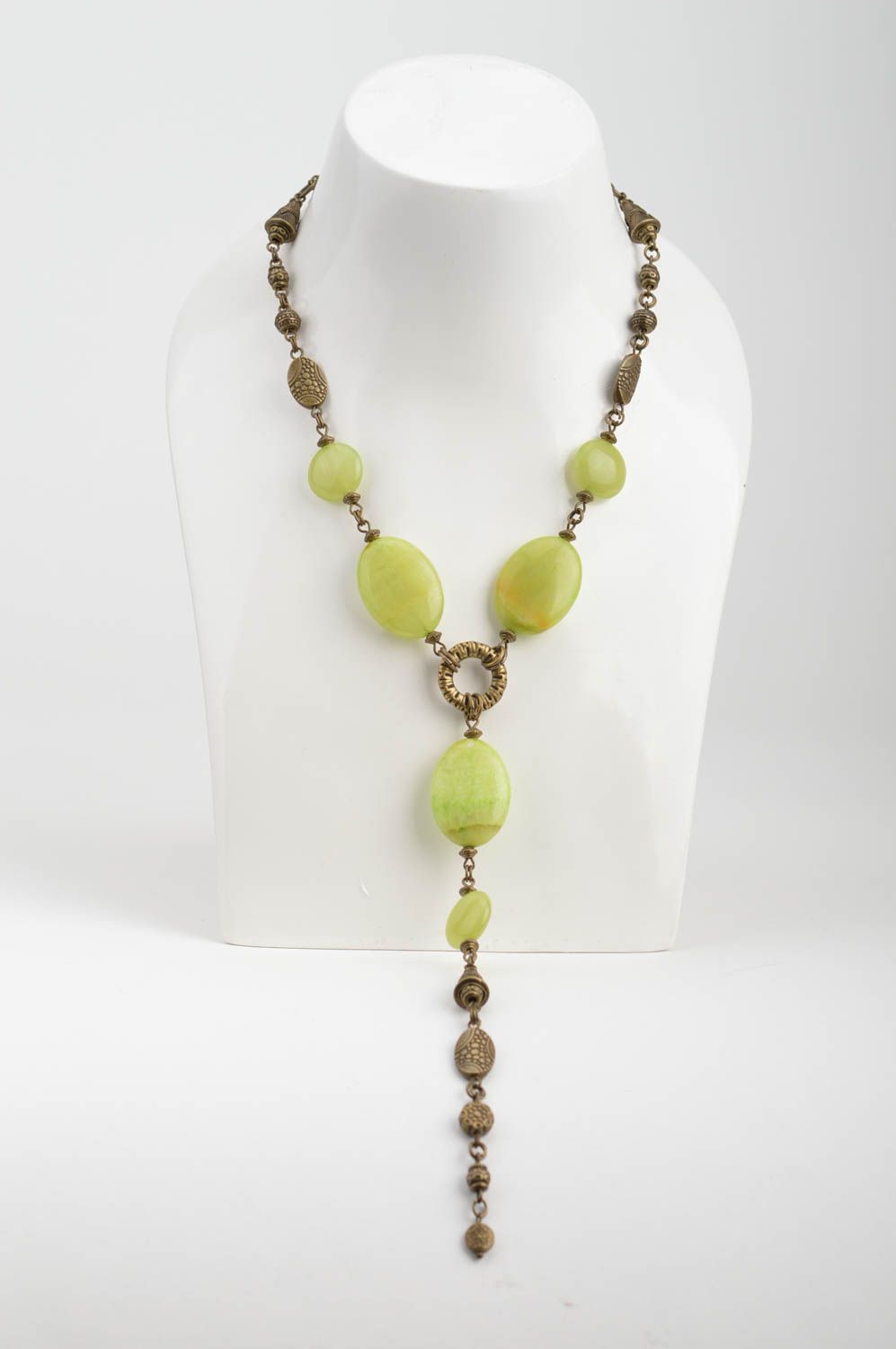 Unusual beautiful handcrafted metal necklace with beads of olive color photo 1