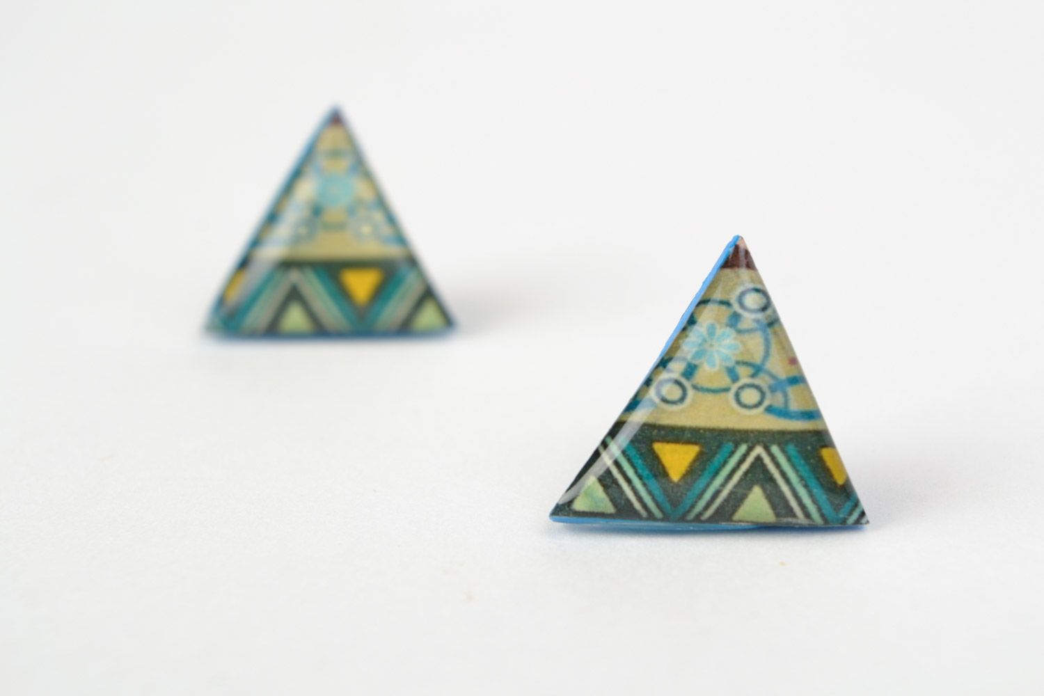 Blue and green handmade jewelry glaze stud earrings with ethnic patterns photo 5