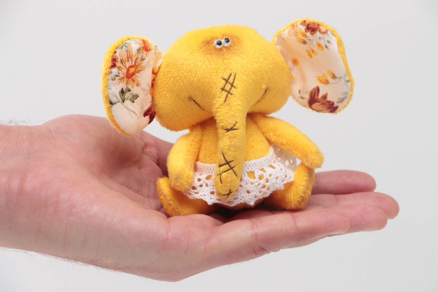 Handmade small designer soft toy yellow elephant sewn of plush and cotton  photo 5