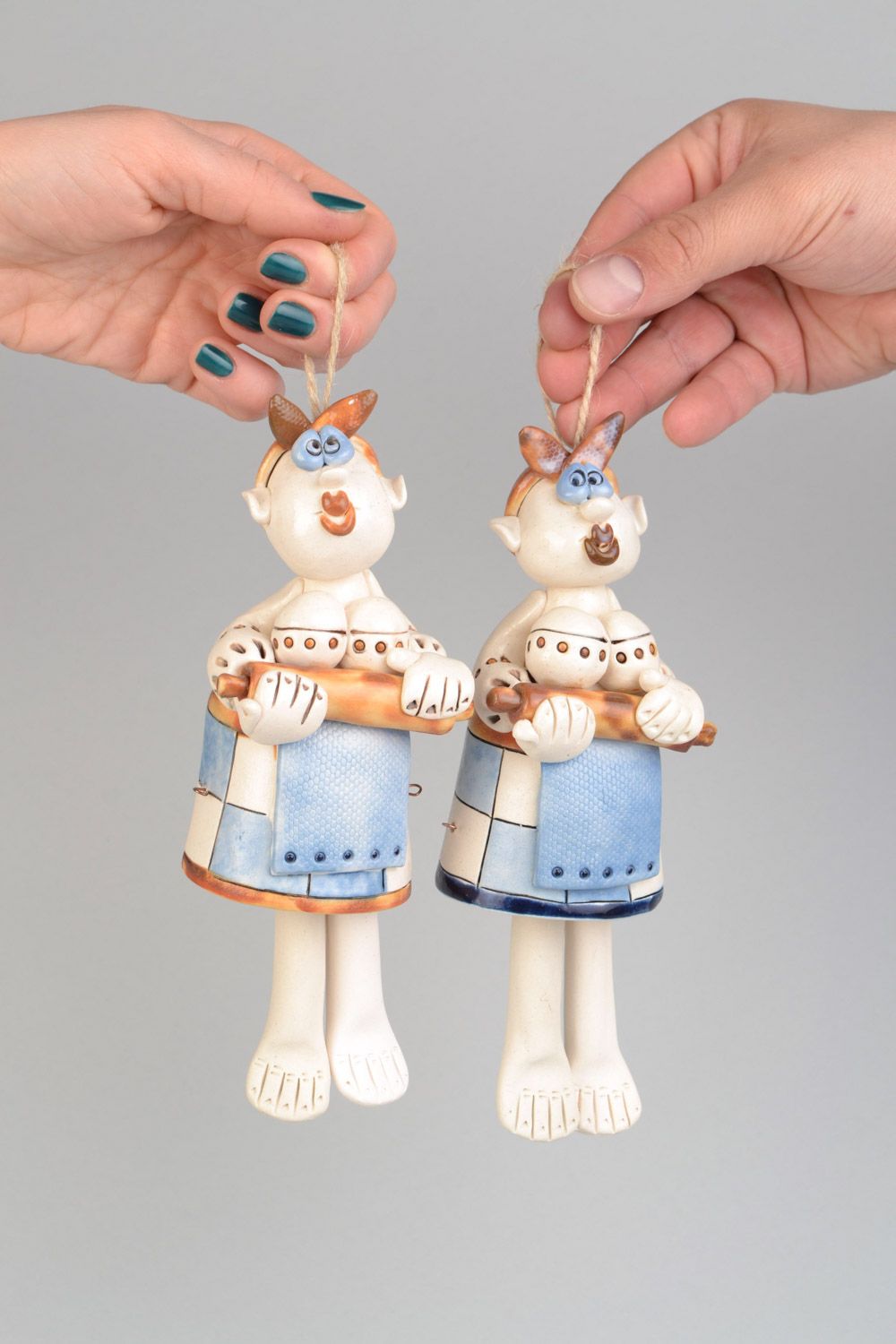 Handmade designer painted ceramic bells set 2 pieces housewives photo 1